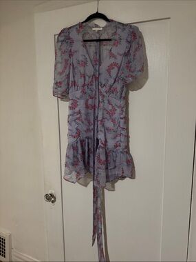 LoveShackFancy Lavender Floral Tie-Waist Ruffle Mini Dress